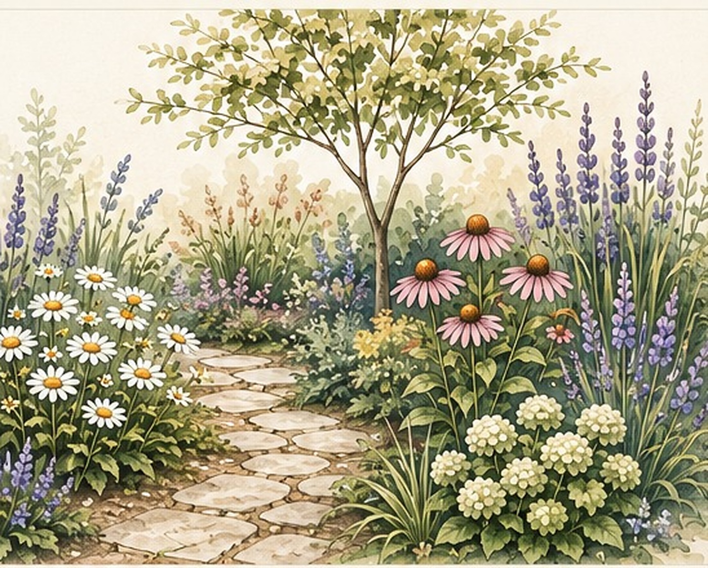 Watercolor garden path surrounded by lavender, daisies, coneflowers, hydrangeas, grasses and a small tree